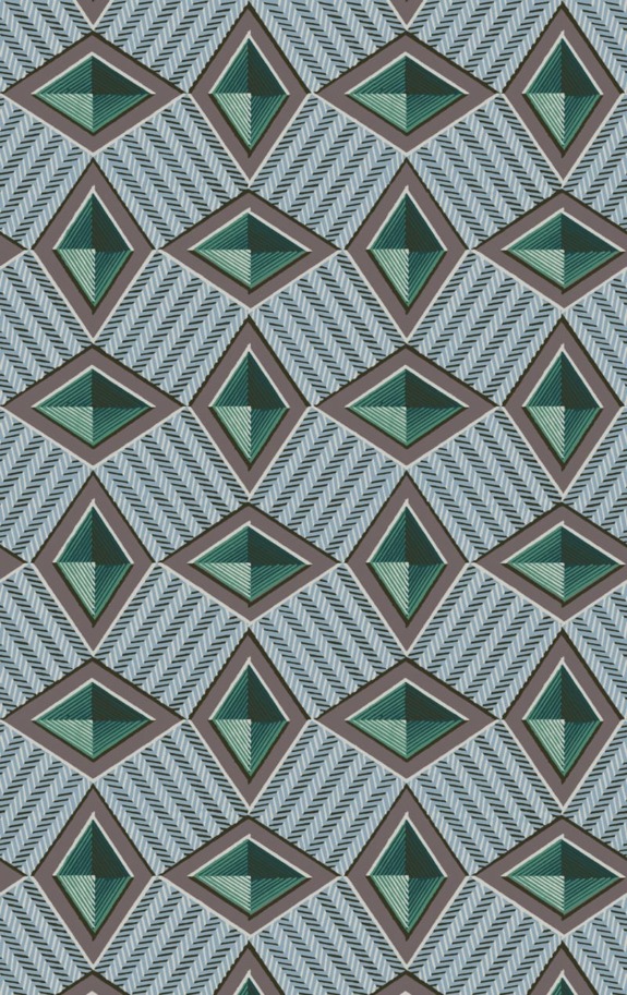 Geometric pattern with green and blue diamond shapes and diagonal lines on a gray background.