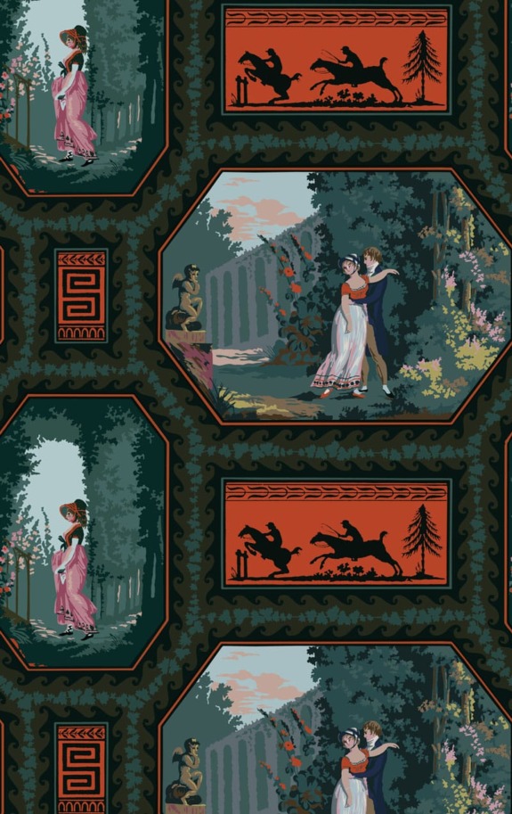 Victorian-style wallpaper with couples dancing and scenic nature motifs in an intricate decorative pattern.