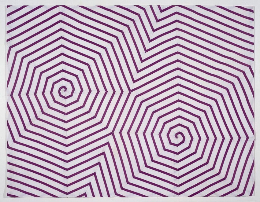 Purple spiral geometric pattern with white background creating an optical illusion effect.