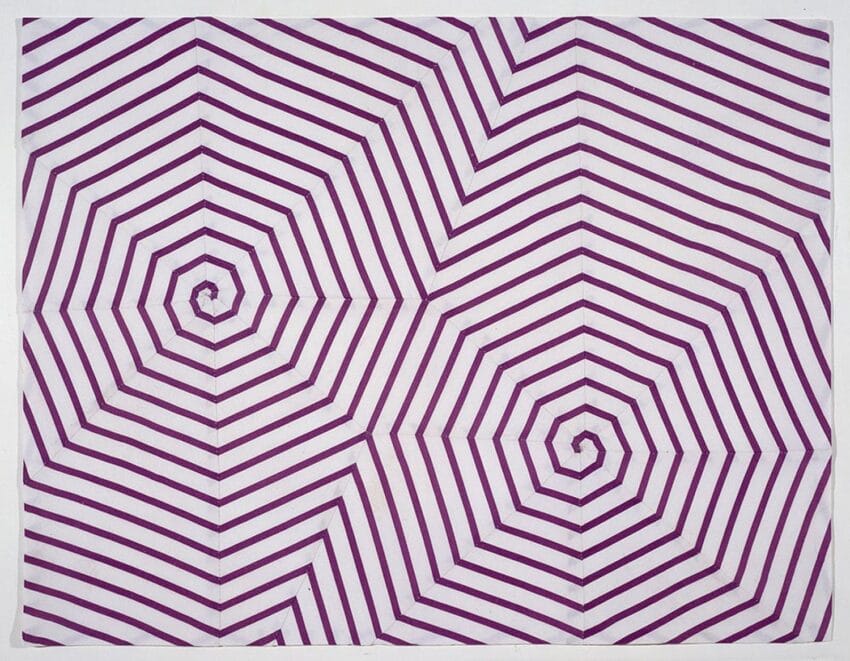 Purple spiral geometric pattern with white background creating an optical illusion effect.