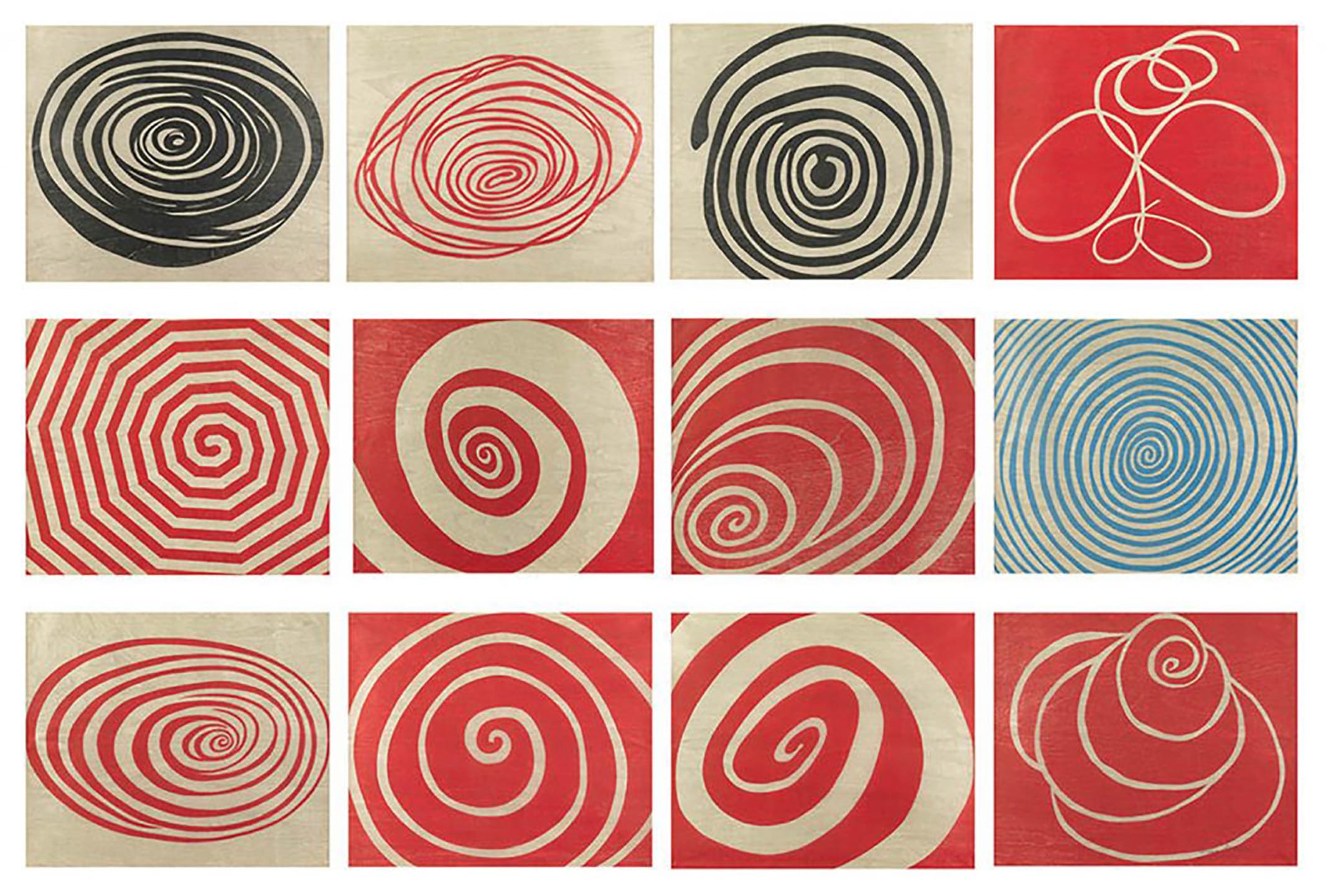 Twelve abstract spiral artworks in black, red, and blue, each on a square canvas with varying spiral designs.