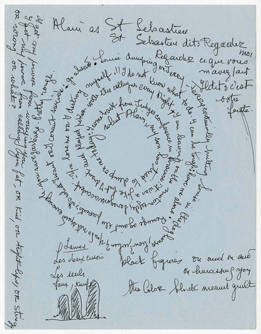 Handwritten text in spirals on blue paper, with surrounding notes and sketches, showcasing artistic writing.