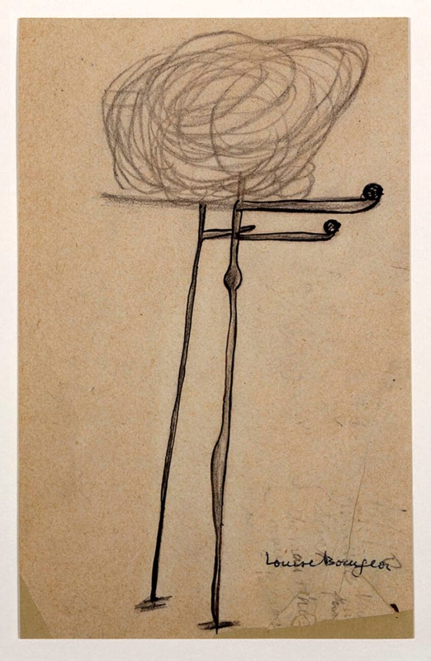 Abstract sketch of a tall, thin figure with a cloud-like shape on top, on a textured background.