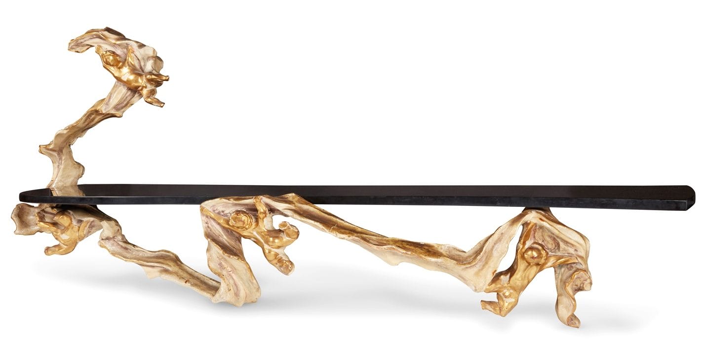 Unique wooden and black metal bench with artistic, natural design featuring twisted branches as legs and support.