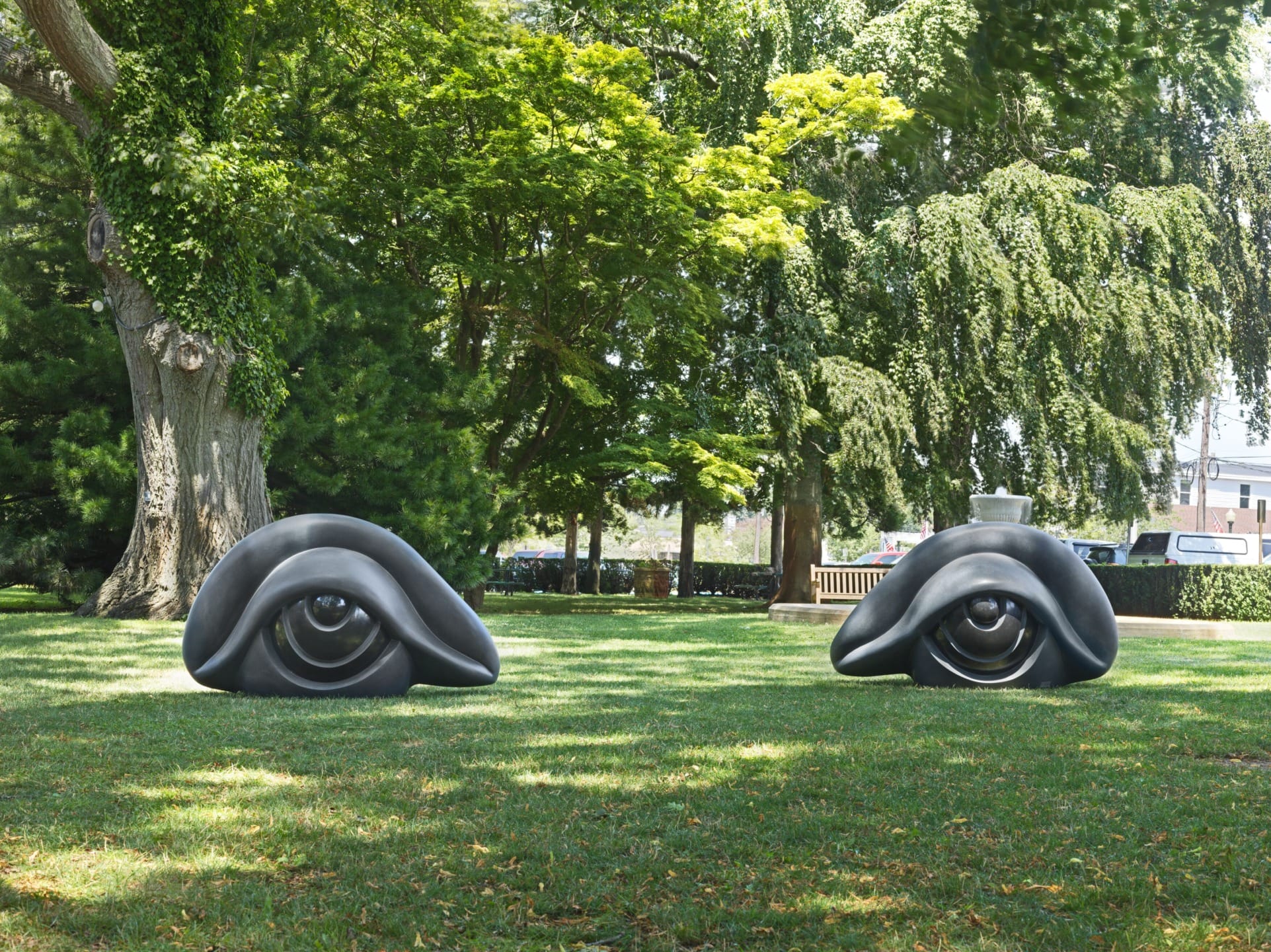 Two large eye sculptures on a grassy park surrounded by trees and benches on a sunny day.