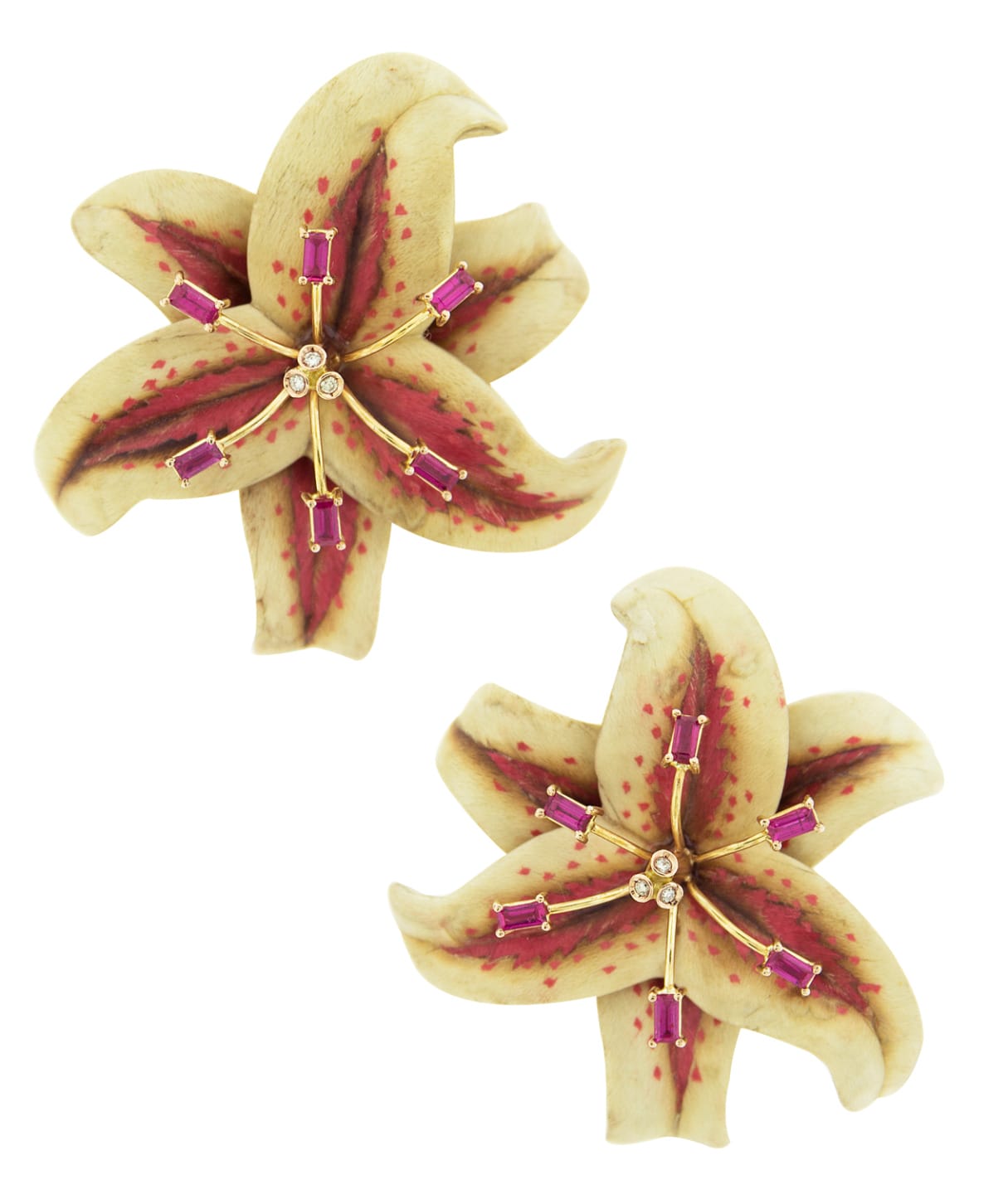 Yellow and red floral earrings with embedded gemstones on a white background