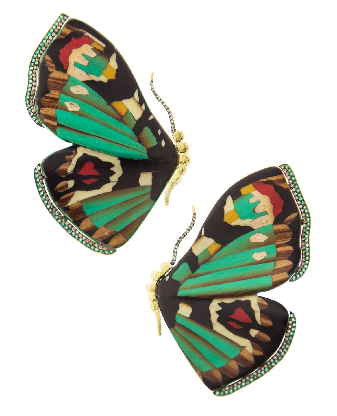 Two colorful, patterned butterflies with green, brown, and black wings facing opposite directions on a white background.