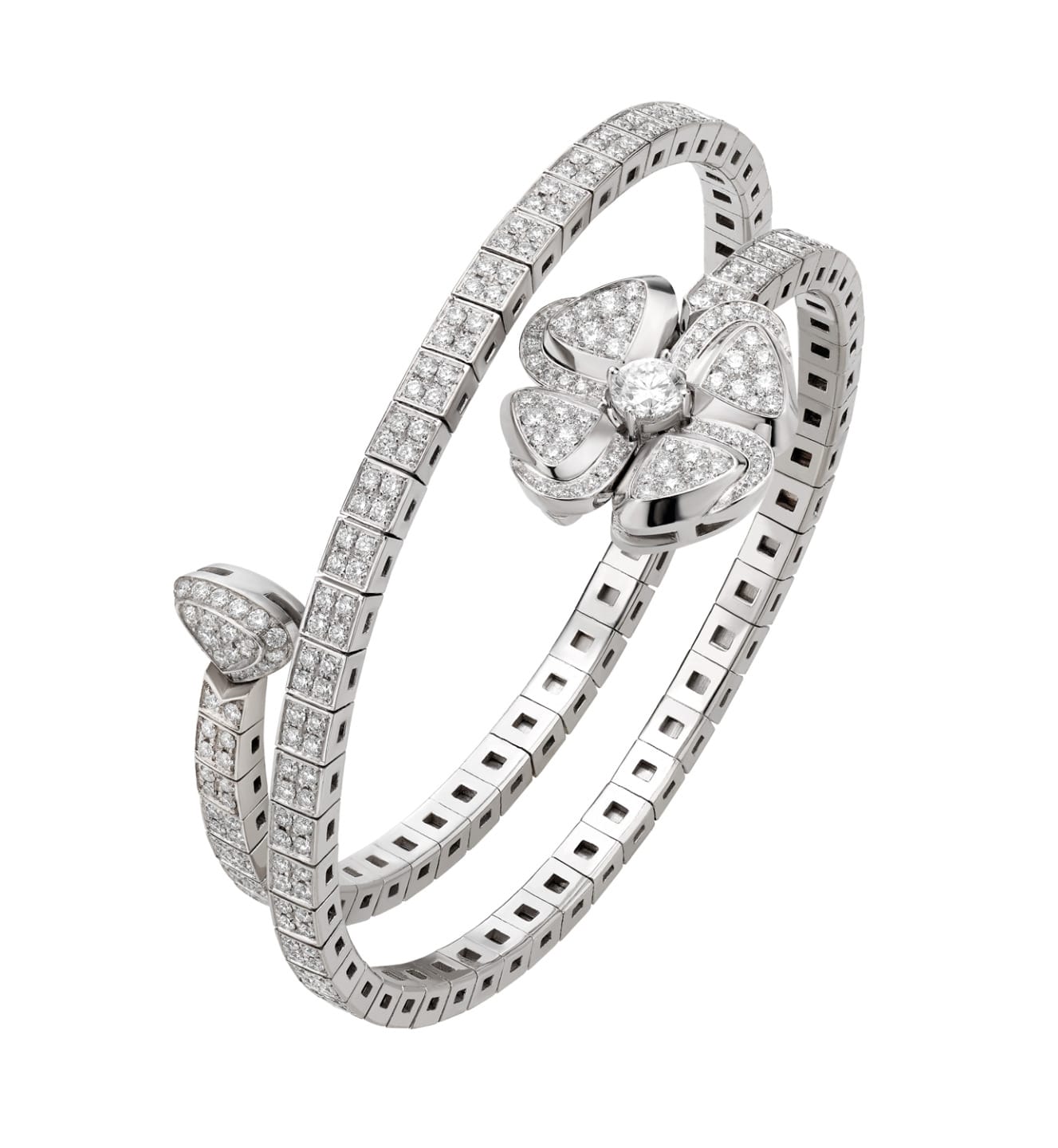 Elegant silver bracelet with intricate flower design and sparkling diamonds against a white background.
