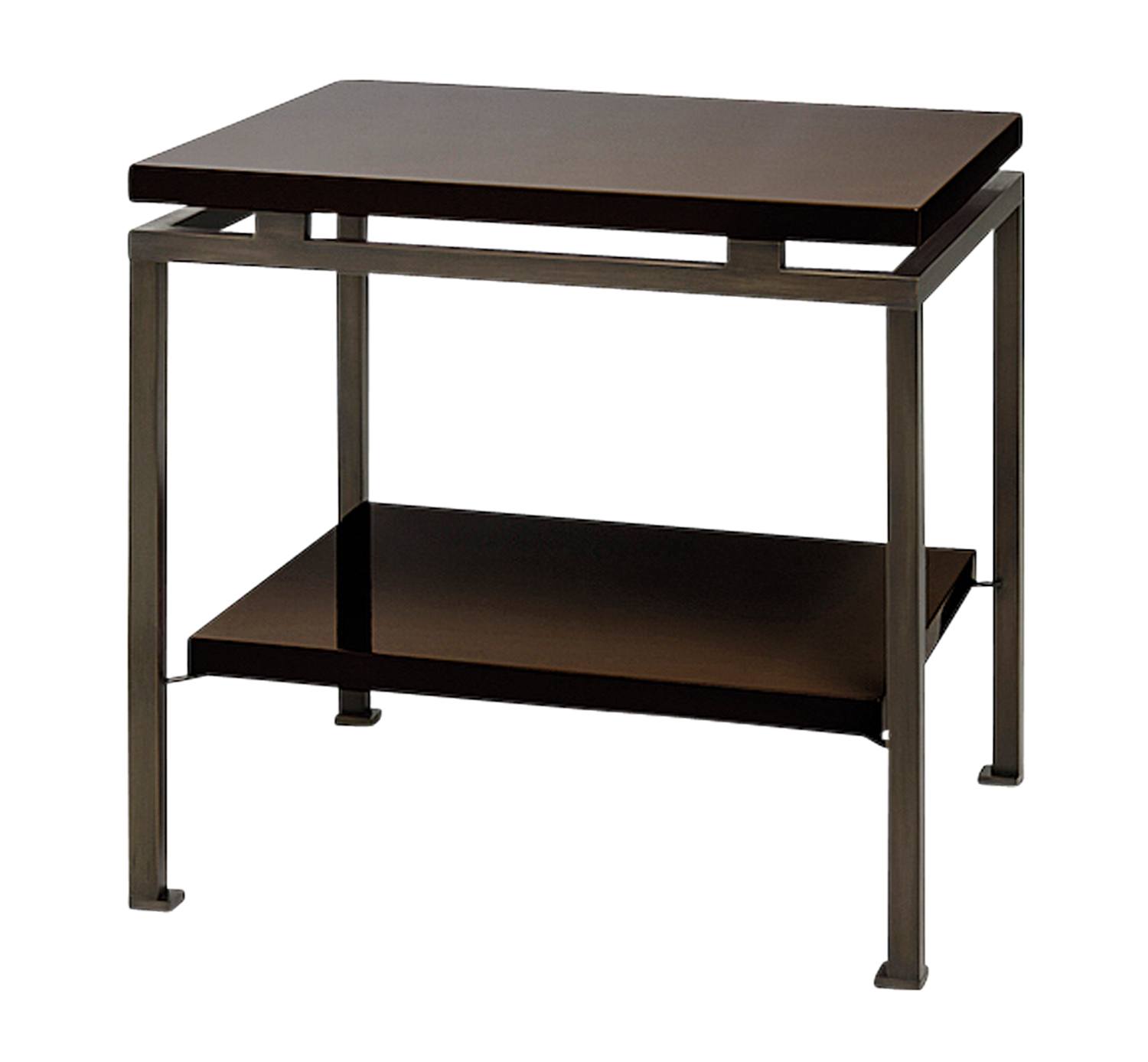 Modern brown side table with a metal frame and a lower shelf.