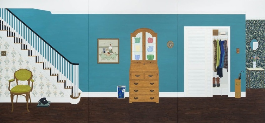 Illustration of a vintage hallway with a staircase, chair, phone, cabinet, picture frames, and coat closet with clothes.