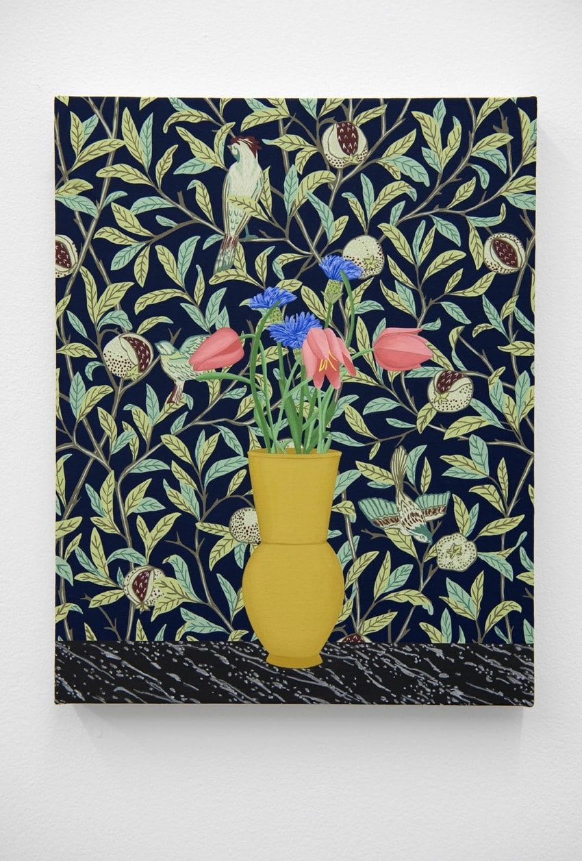 Painting of a yellow vase with pink and blue flowers against a dark leafy background with birds and detailed patterns.