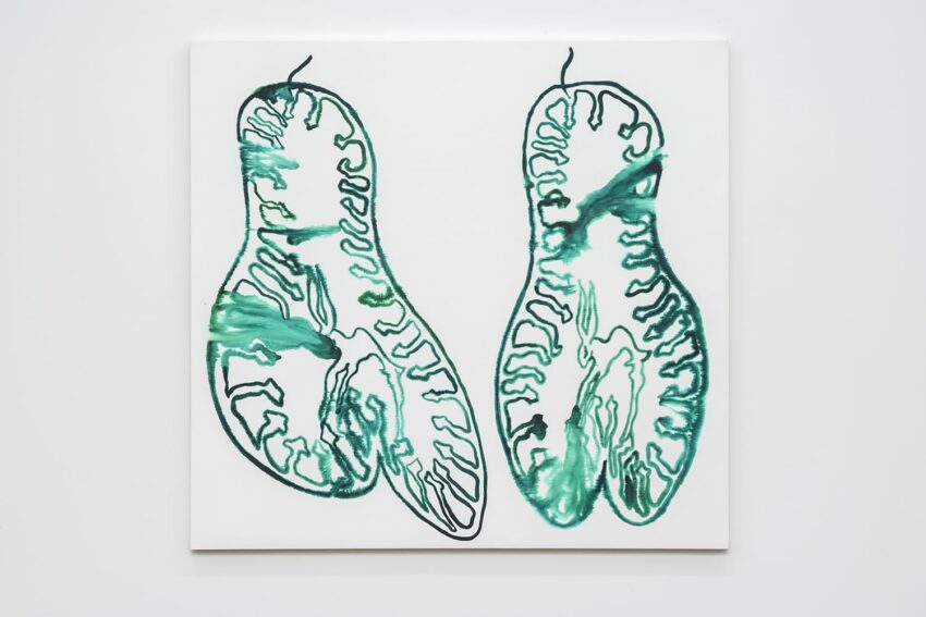 Abstract green and black symmetrical shapes resembling sliced peppers on a white canvas.