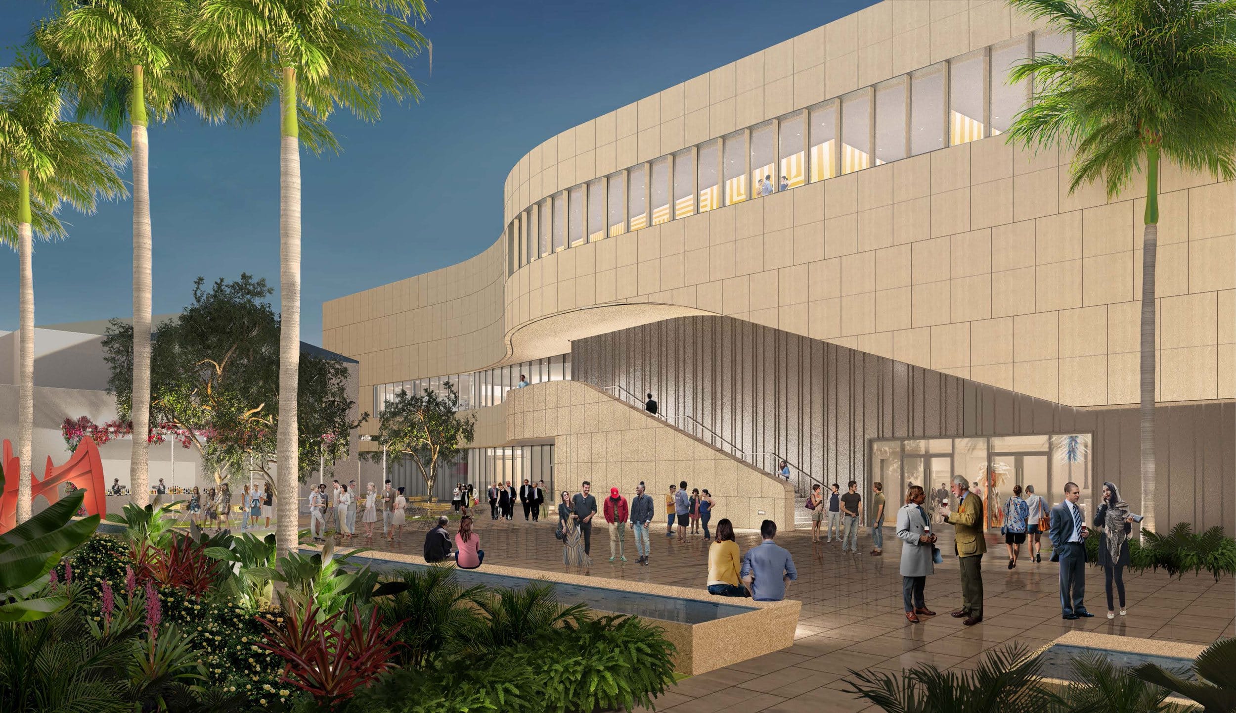 Modern building with curved architecture, large glass windows, surrounded by palm trees and people walking and gathering outside.