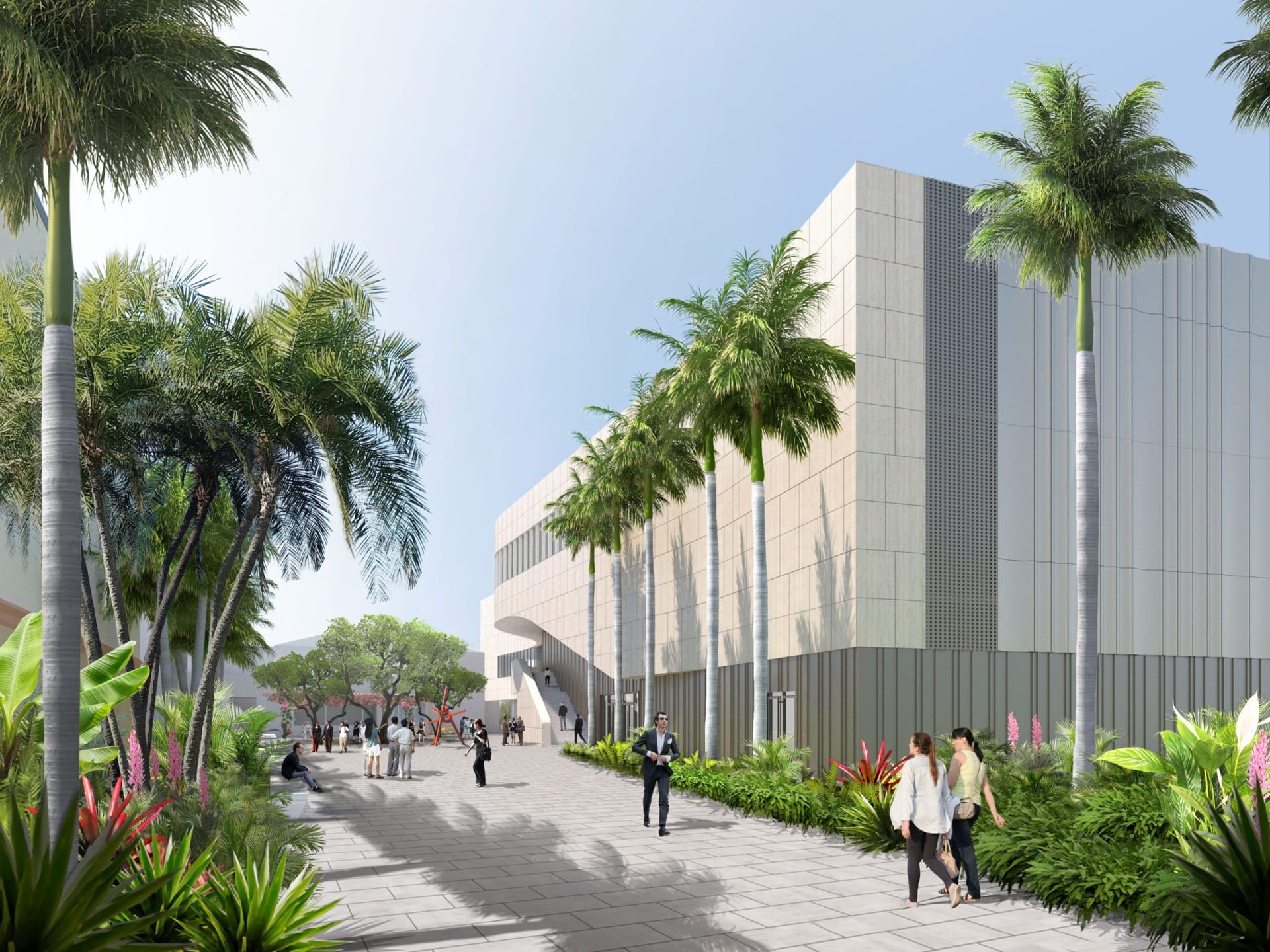 Modern building exterior with palm trees, pathway, and people walking on a sunny day.