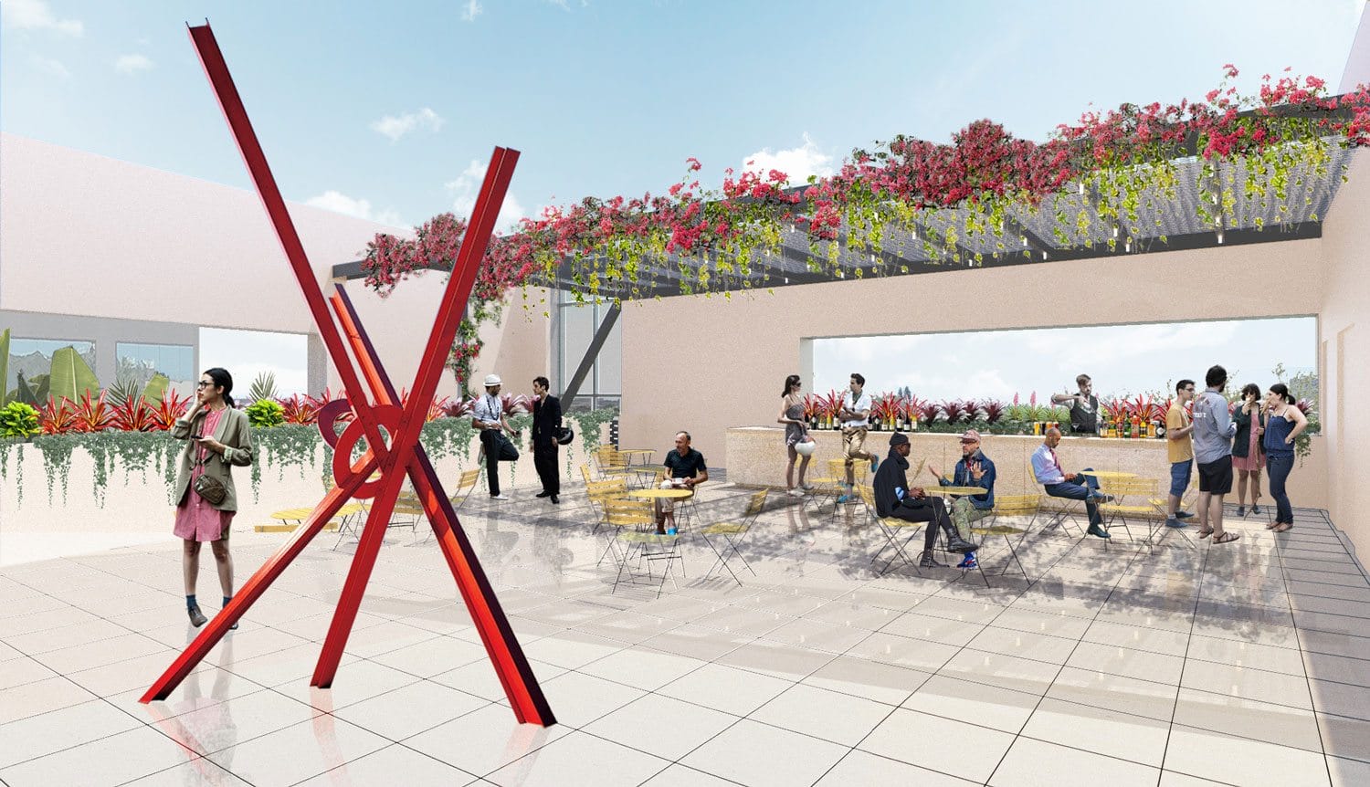 Outdoor terrace with modern red sculpture, people sitting and standing, pergola with hanging plants in the background.
