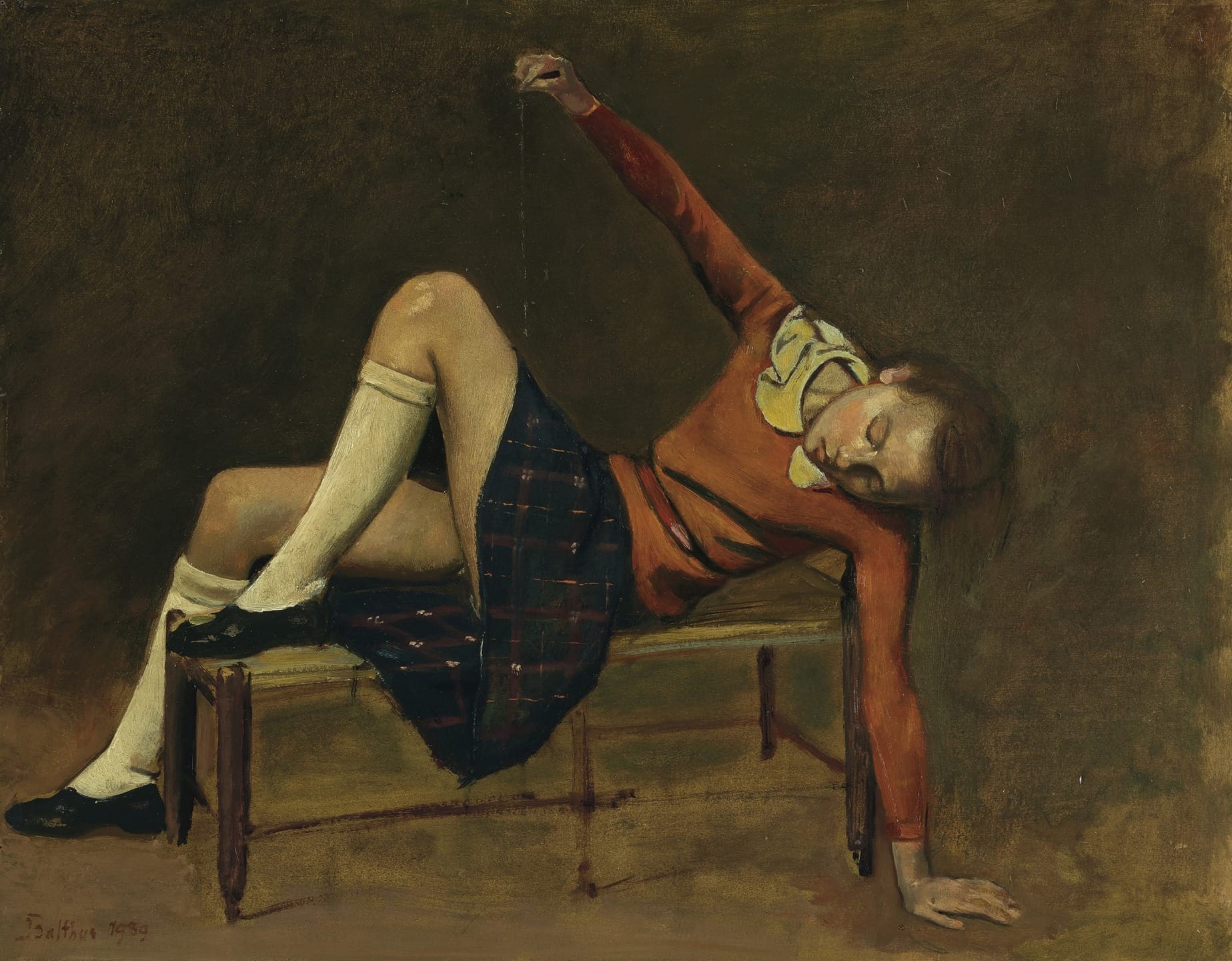 Painting of a person lounging on a bench, wearing a red top and plaid skirt, with a pensive expression against a dark background.