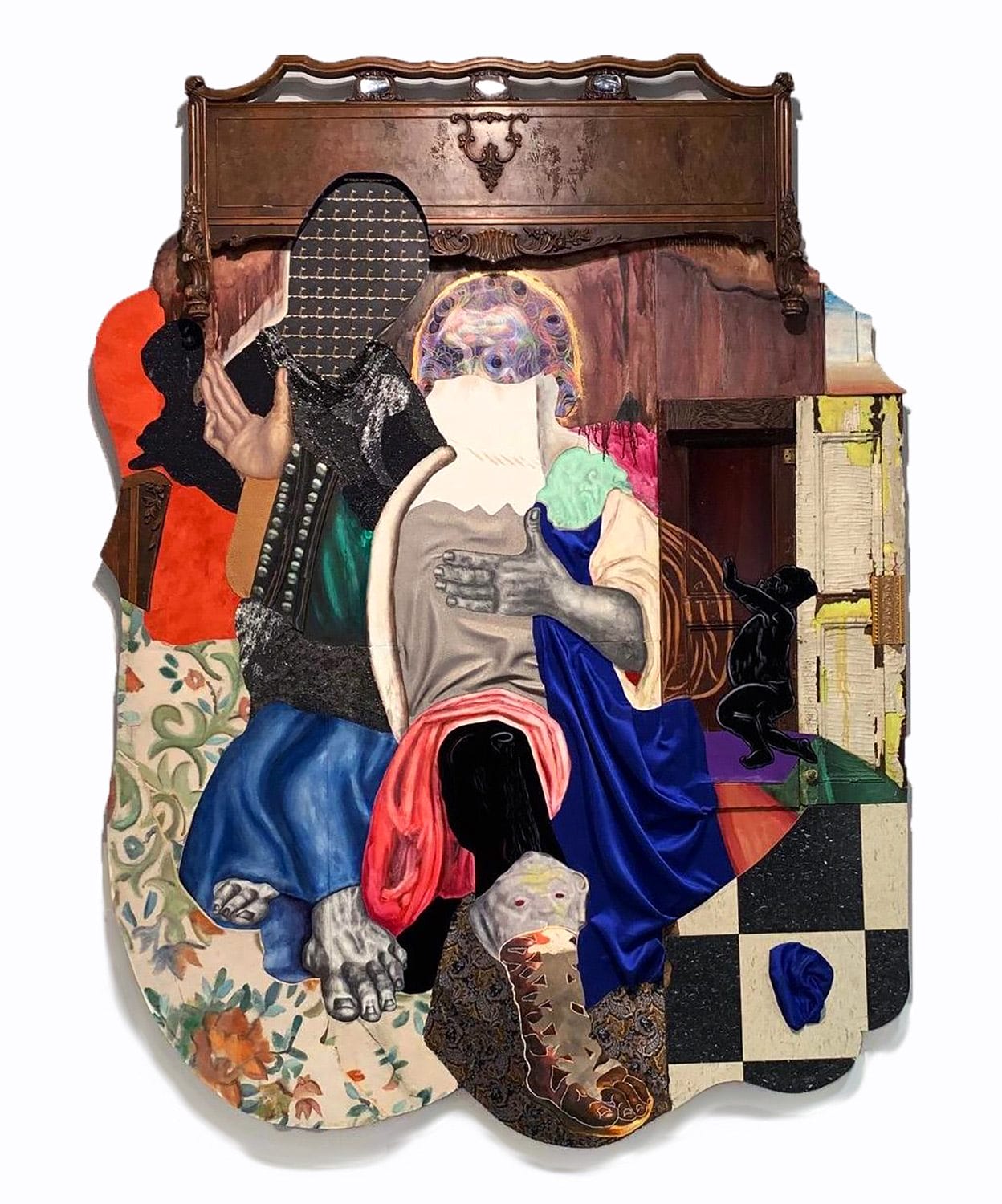 Mixed media artwork featuring abstract human figures in vivid colors with a variety of textures and patterns.