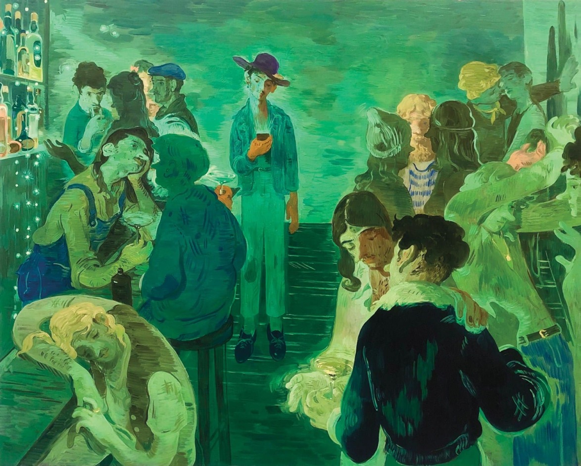 Painting of people in a dimly lit bar, with a person in a hat standing and holding a drink while others gather closely.