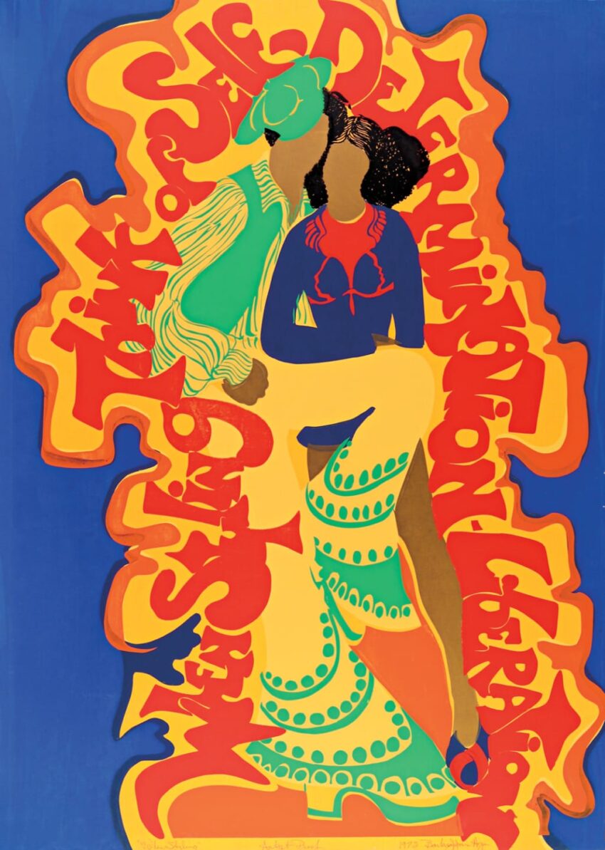 Colorful abstract poster of two dancers with vibrant 70s-style clothing and swirling orange and yellow text in the background.