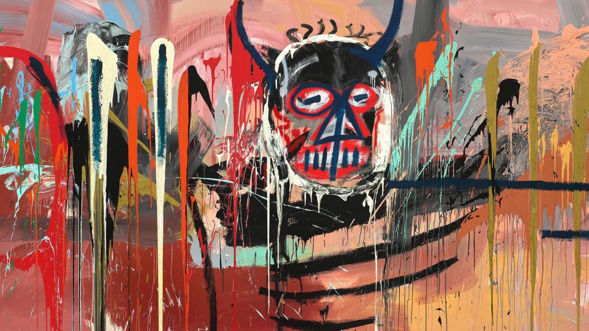 Abstract painting by Jean-Michel Basquiat featuring a tribal mask with bold colors, chaotic strokes, and expressive textures.