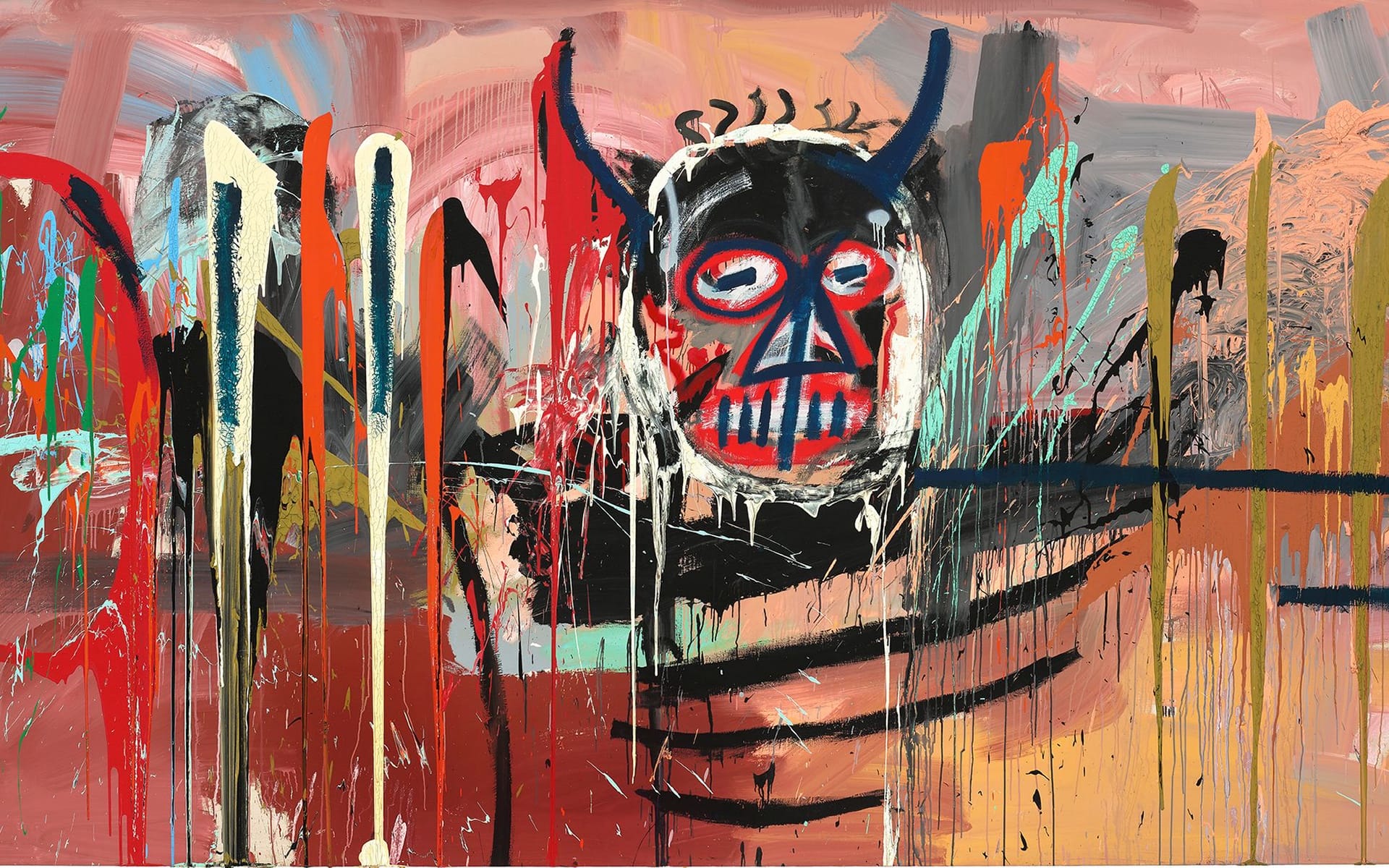Abstract painting by Jean-Michel Basquiat featuring a tribal mask with bold colors, chaotic strokes, and expressive textures.