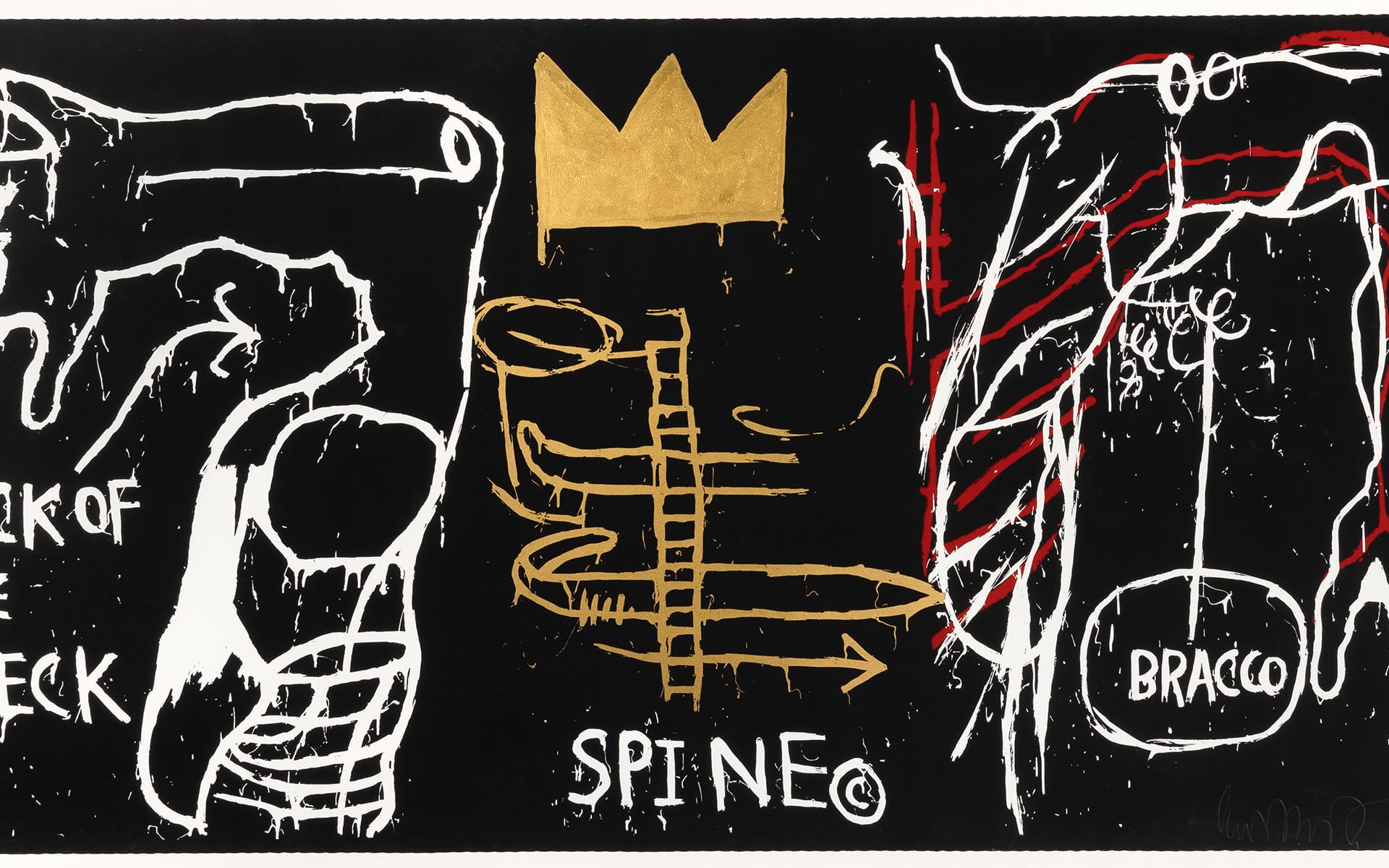 Abstract artwork with a golden crown, black background, and white and red drawings resembling anatomical sketches with text elements.