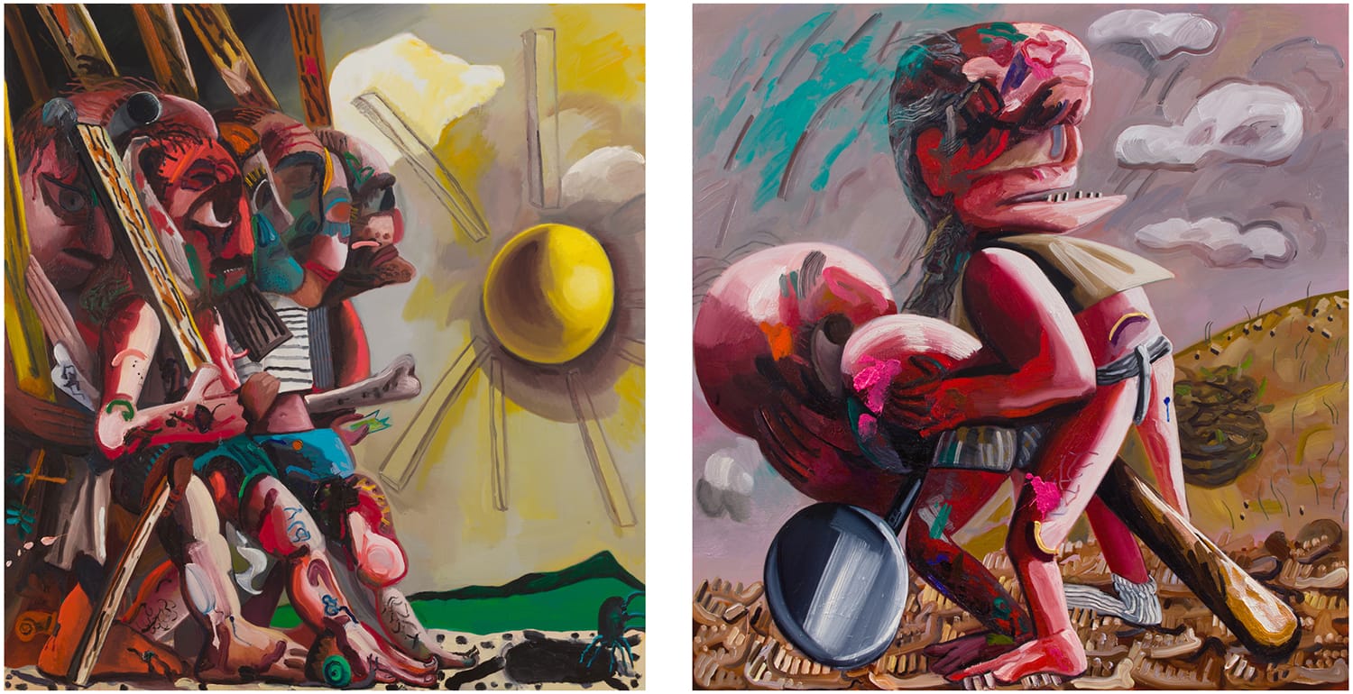 Abstract paintings depicting distorted figures in vibrant colors under a bright sun and a cloudy sky.