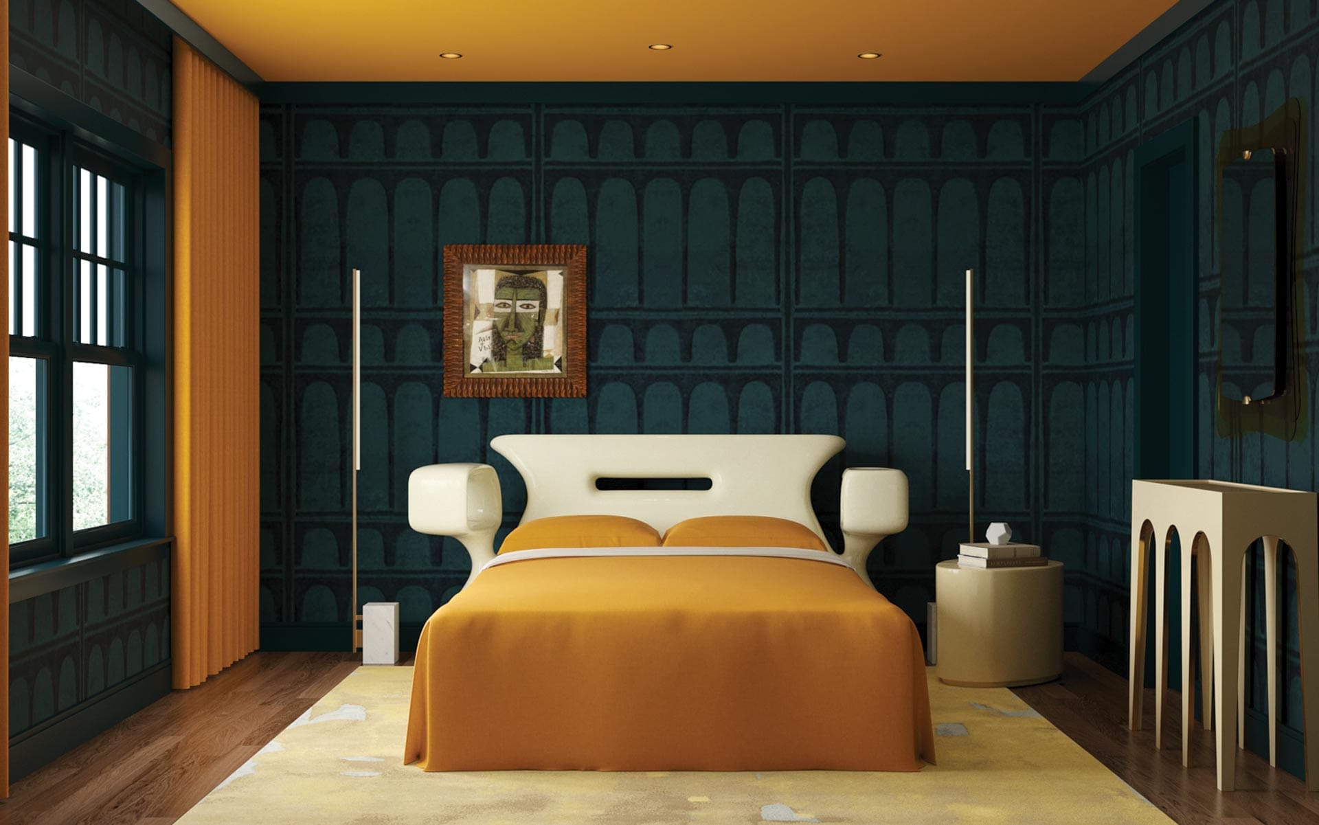 Modern bedroom with dark teal walls, orange accents, contemporary furniture, and artwork above the bed.