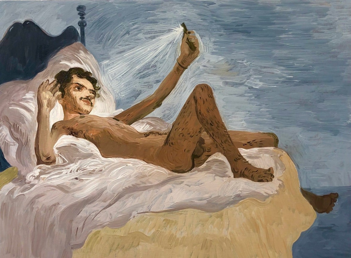 Painting of a person lying on a bed, looking at a smartphone, surrounded by soft pillows and bedding.