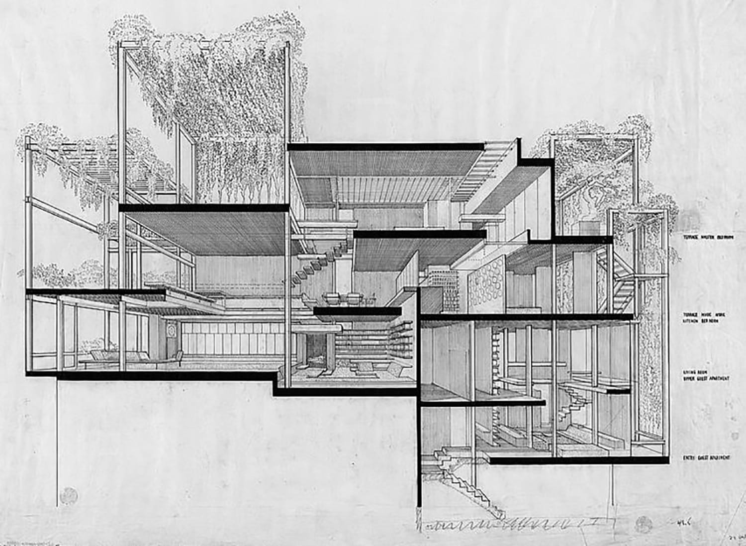 Architectural section drawing of a multi-level building with stairs, open spaces, and surrounding greenery.