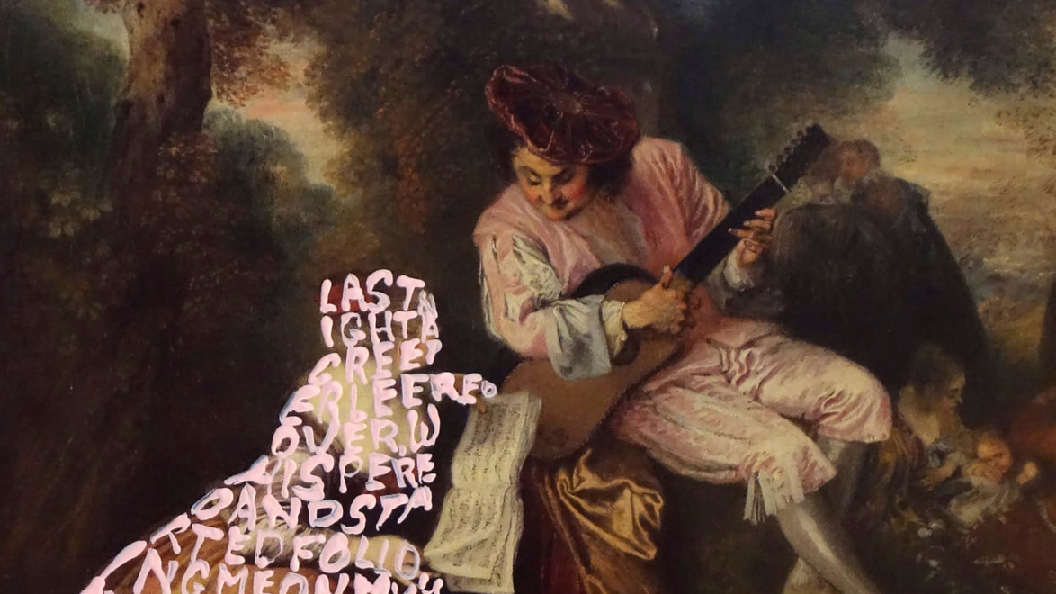 Renaissance-style painting with a musician in elaborate attire playing a stringed instrument next to handwritten text.