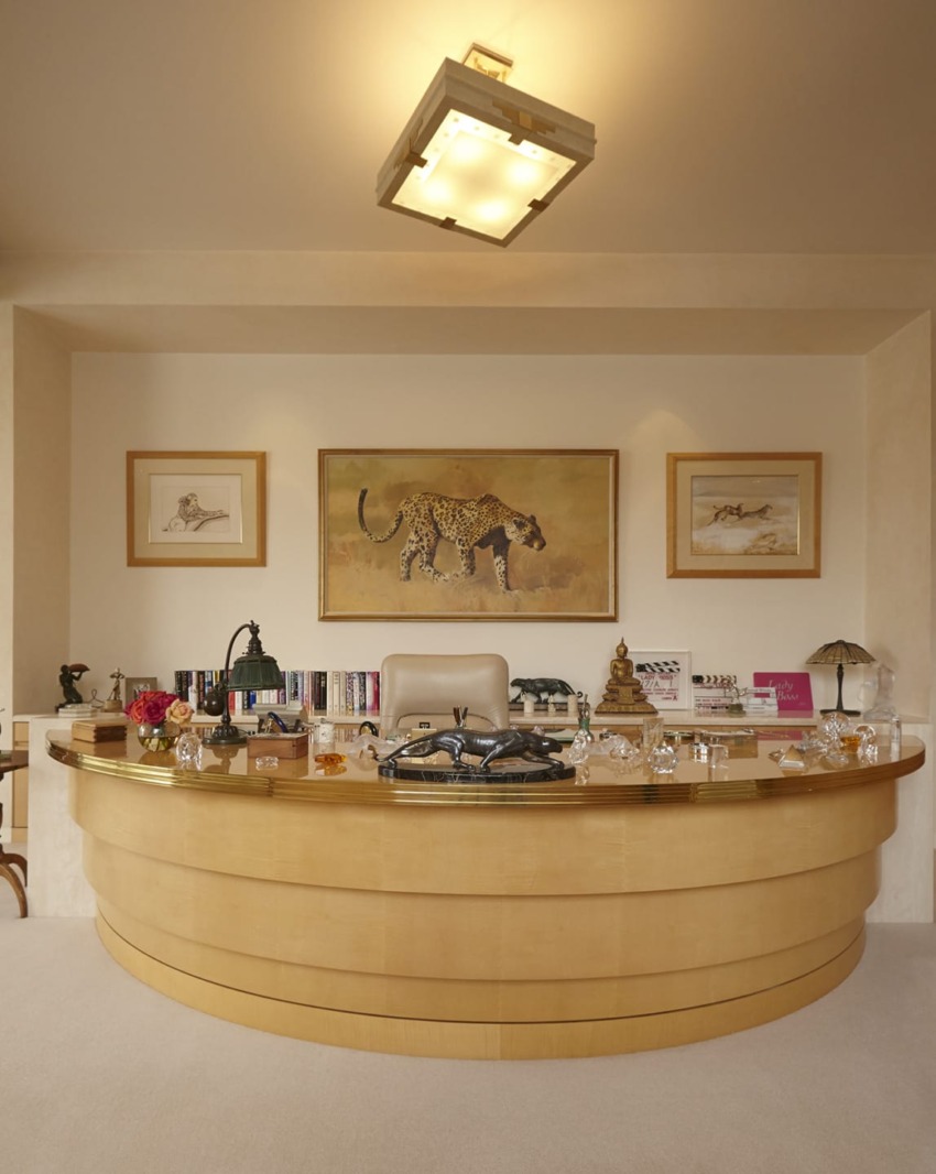 Wooden desk in a study with a cheetah painting and framed bird art on the wall, surrounded by books and decorative items.