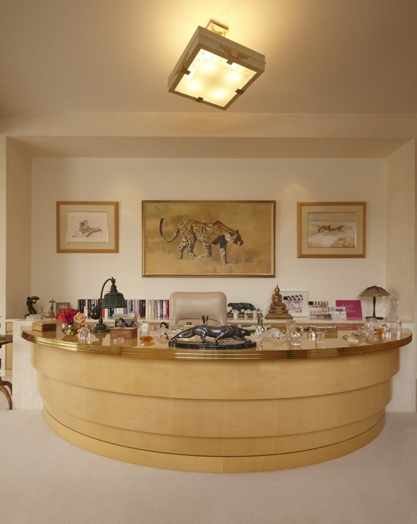 Wooden desk in a study with a cheetah painting and framed bird art on the wall, surrounded by books and decorative items.