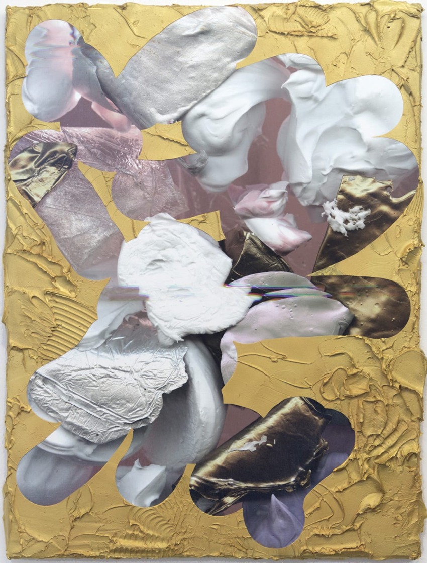 Abstract art with metallic and pastel textures on a gold background, featuring dynamic shapes and layered materials.