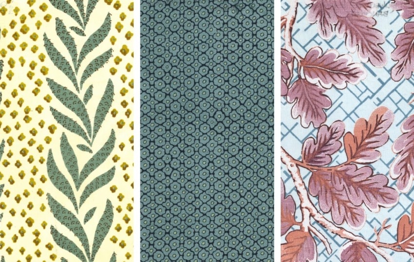 Three fabric patterns: green leaves on yellow, geometric shapes on teal, and pink leaves on blue.