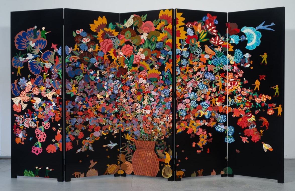 Colorful floral artwork on a folding screen with intricate patterns and vibrant blooms against a black background.