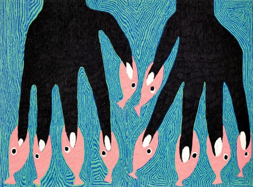 Illustration of two large black hands with fingers resembling pink fish against a textured blue and black background.