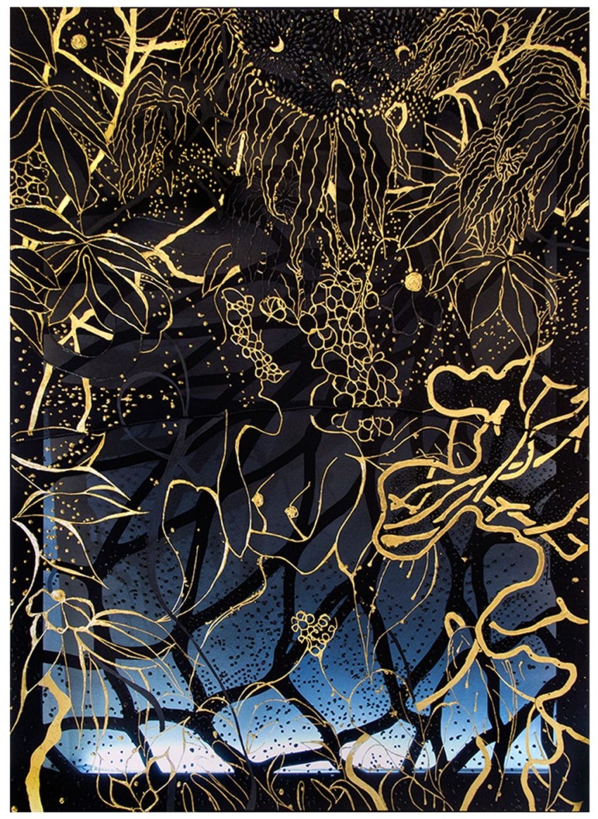 Abstract art with gold and black botanical patterns over a deep blue background, creating a dreamlike night scene.