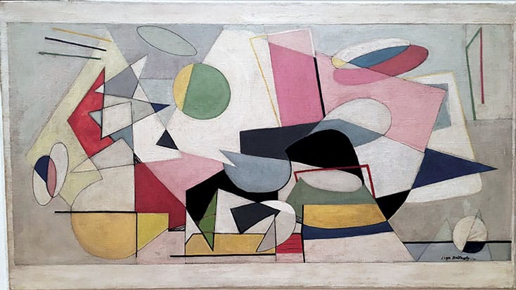 Abstract painting with geometric shapes in various colors like pink, green, yellow, and black on a textured background.