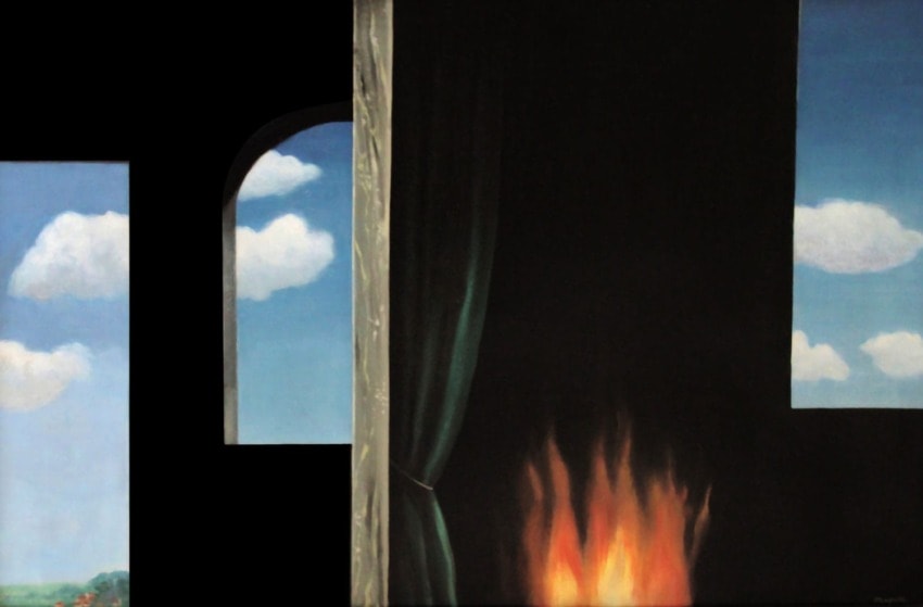Abstract painting with windows showing sky and clouds, and a burning fire in a dimly lit room with a green curtain.