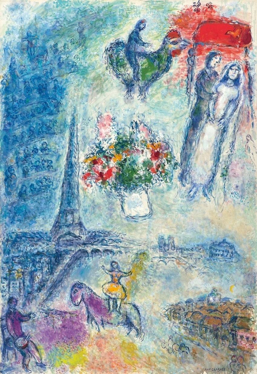 Colorful painting with Eiffel Tower, bouquet, horse rider, couple, and rooster against a blue and green background.