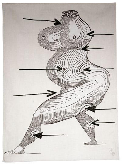 Abstract humanoid figure drawing with swirling patterns and arrows across the body on a plain background.