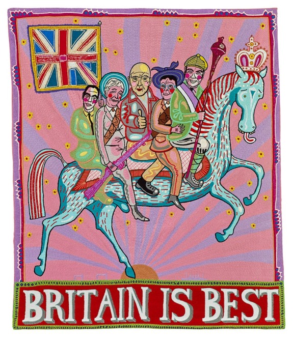 Colorful tapestry depicting five people on a horse with "Britain is Best" banner and Union Jack flag.