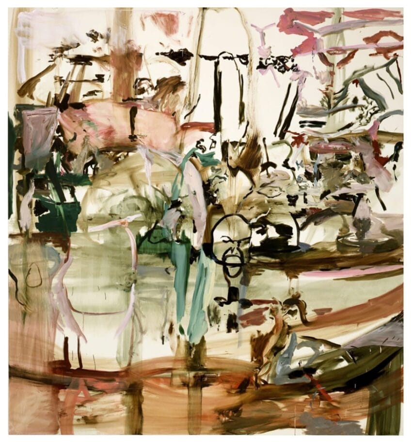 Abstract painting with earthy tones and fluid brushstrokes, featuring hints of green, pink, and brown shapes blending together.