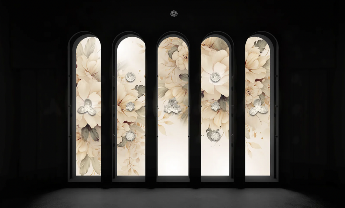 Five arched windows with floral patterns and butterflies on a dark background.