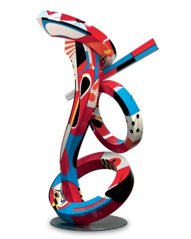Colorful abstract sculpture with curved and geometric shapes in red, blue, and black patterns on a circular base.
