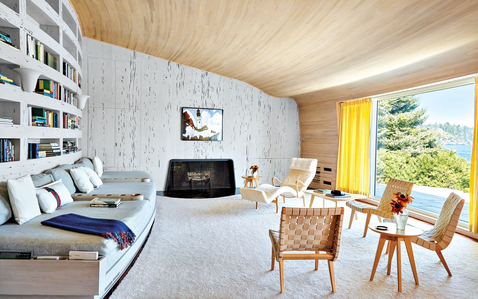 Inside a waterfront Maine home, conceived by artist Isamu Noguchi and architect Wallace K. Harrison for a scion of the Vanderbilt family