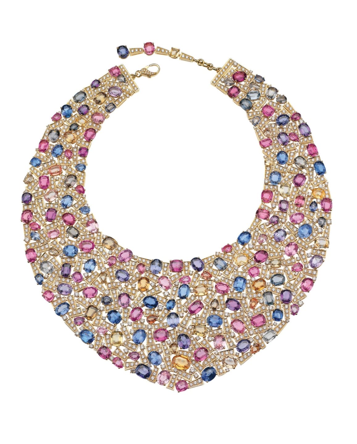 Colorful gemstone necklace with gold chain and various shapes, featuring pink, blue, and purple stones arranged in an intricate pattern.