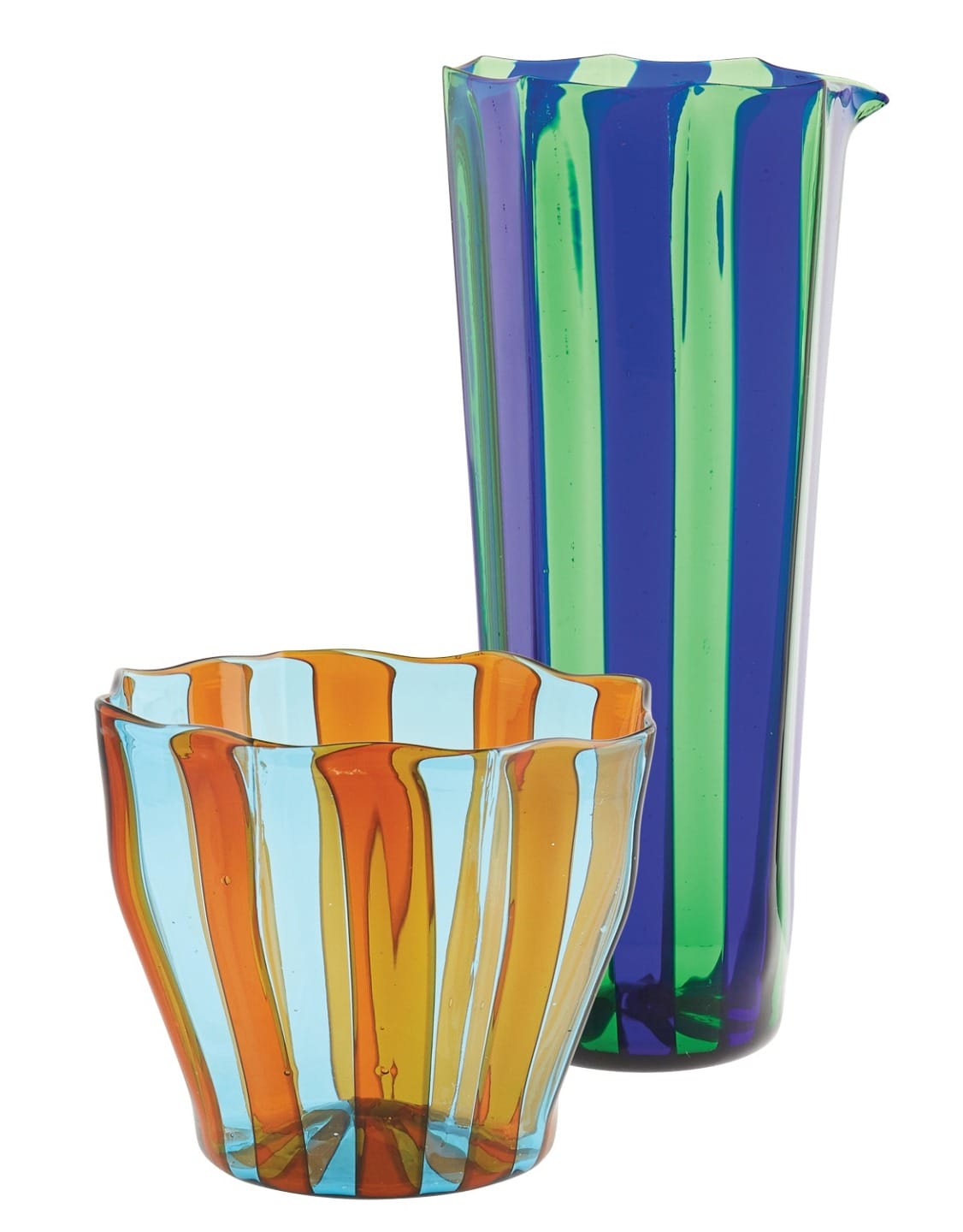 Two colorful glass vases with vertical striped patterns in shades of orange, blue, and green against a white background.
