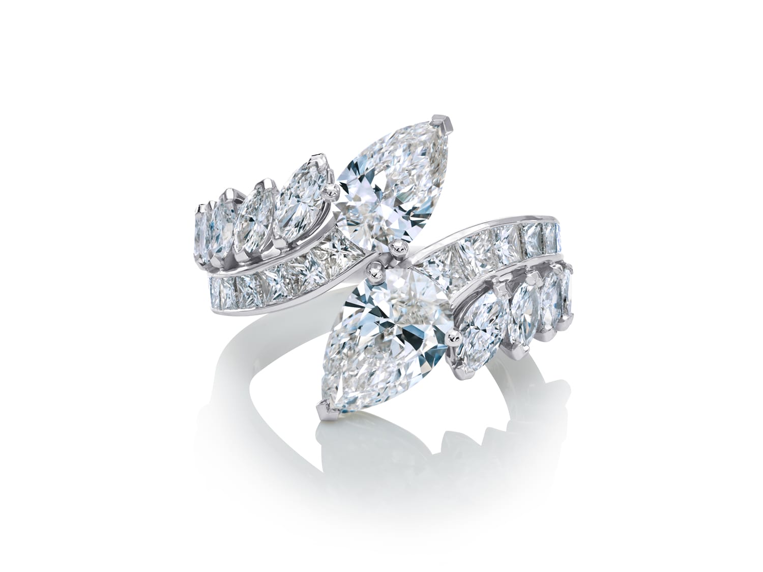 Elegant diamond ring with a unique design featuring marquise and round diamonds set in white gold, reflecting light beautifully